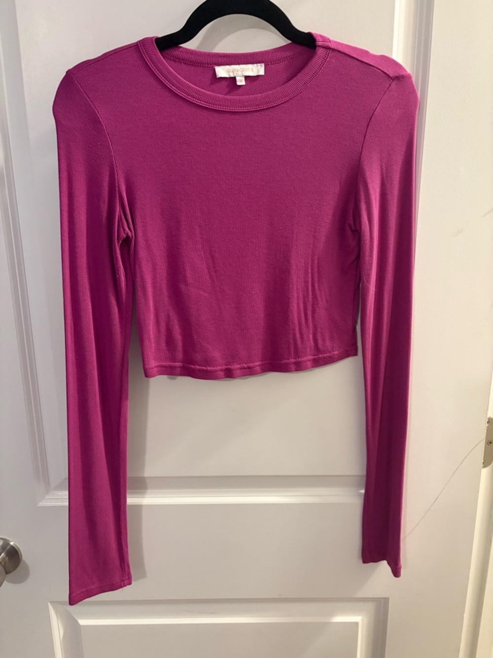 Long Sleeve Cropped Rib Top in Magenta